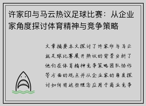 许家印与马云热议足球比赛：从企业家角度探讨体育精神与竞争策略